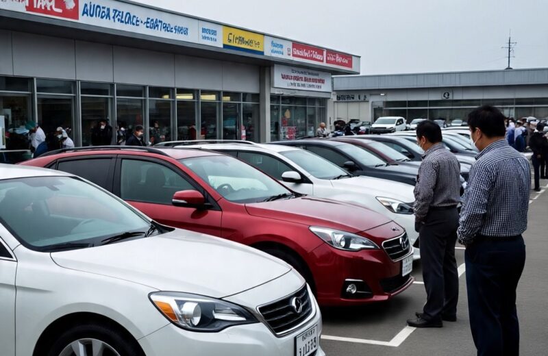 Buyers inspecting used cars at a Japanese car auction yard