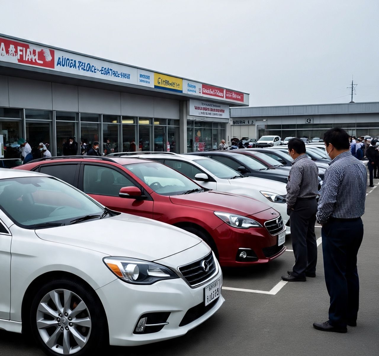 Buyers inspecting used cars at a Japanese car auction yard