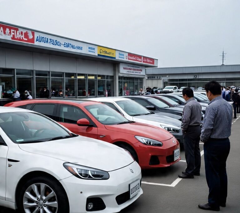 Dealers inspecting vehicles at a Japanese used car auction