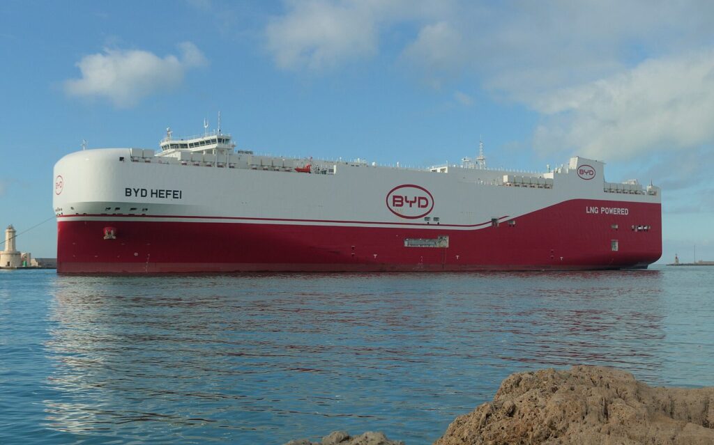 Pure car and truck carrier ship at sea used to export vehicles
