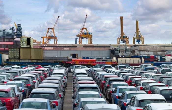 Used Japanese cars lined up at an export port ready for shipping