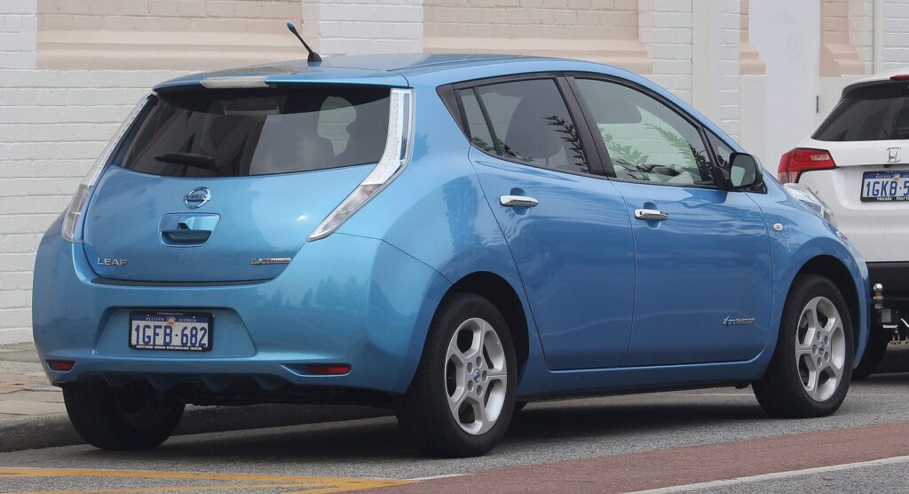 Blue Nissan Leaf electric car from Japan