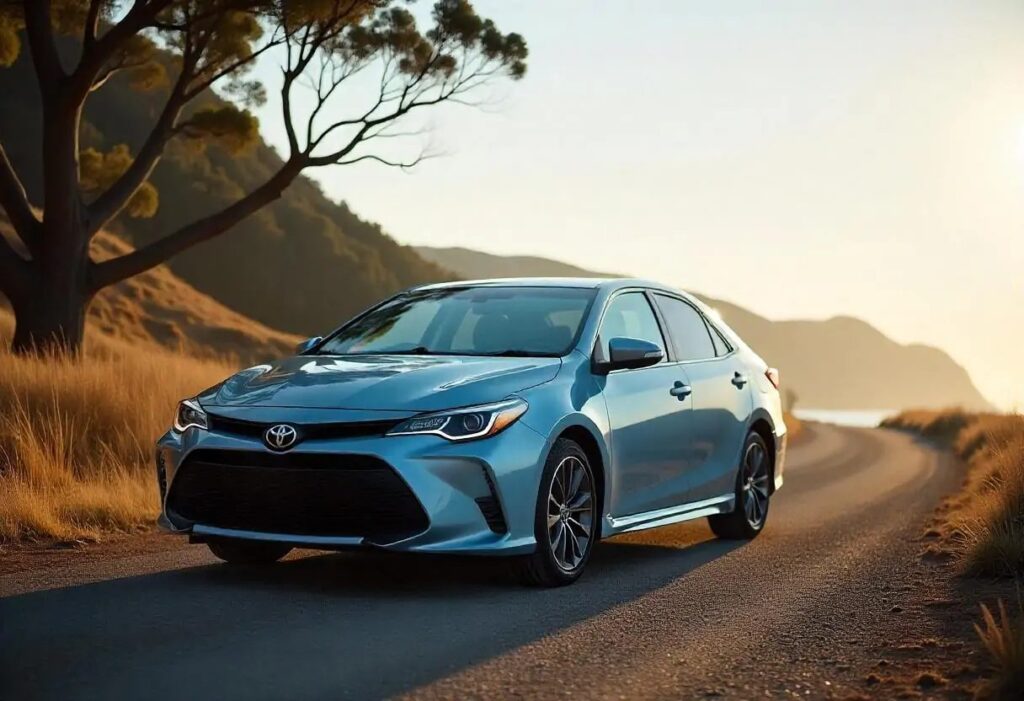 Toyota Corolla hybrid driving on a road, a popular Japanese used car