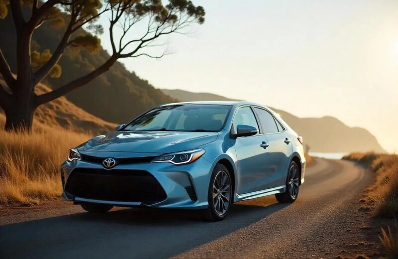 Toyota Corolla hybrid driving on a road, a popular Japanese used car