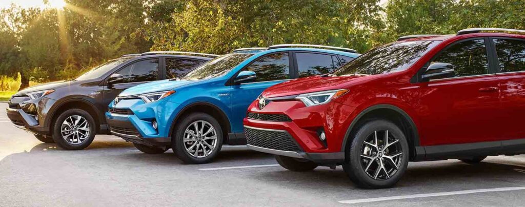 Toyota RAV4 SUVs lined up for export from Japan