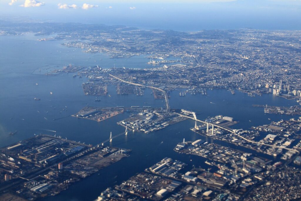 Aerial view of Yokohama port and bay, Japan